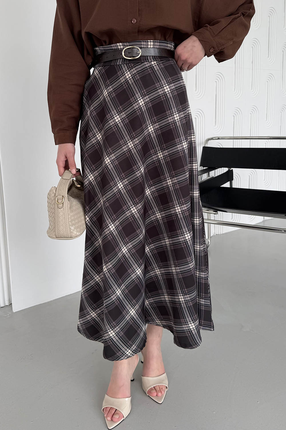 Lamelif Ekose Detay Çan Etek Siyah-Kahverengi