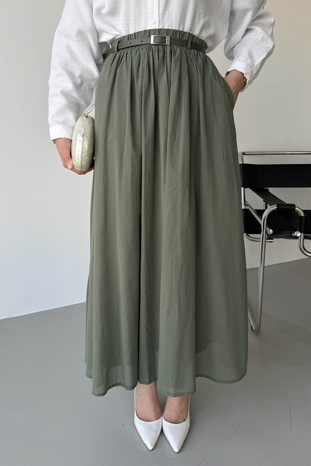 Lamelif Kemerli Cepli Tesettür Etek Haki