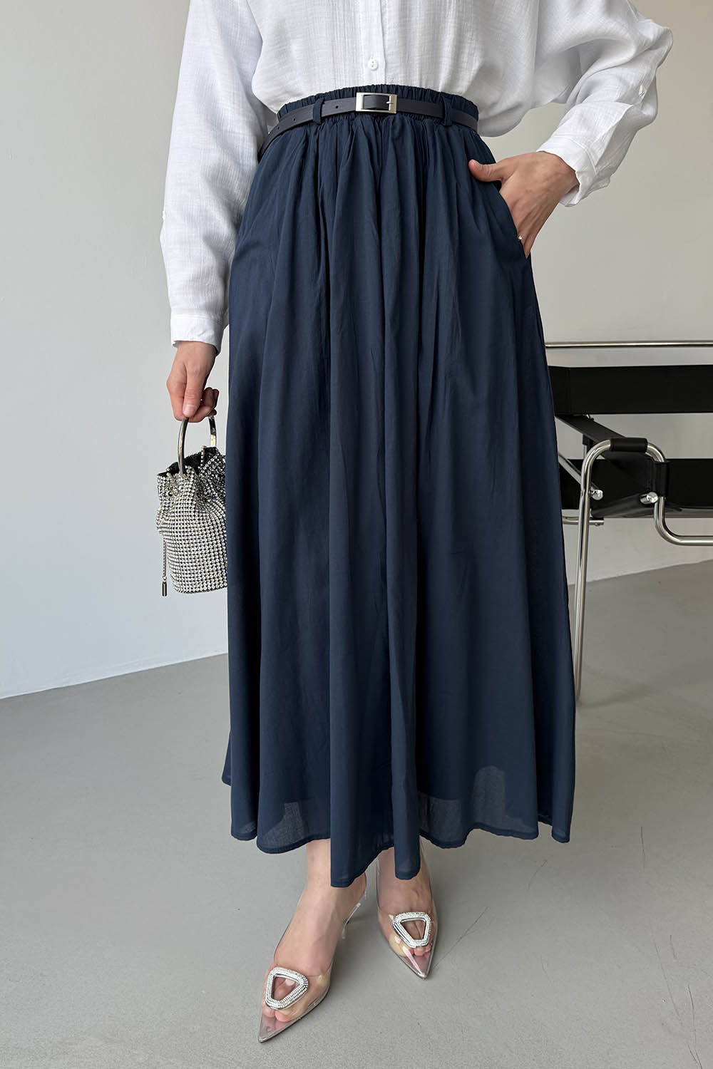 Lamelif Kemerli Cepli Tesettür Etek Lacivert