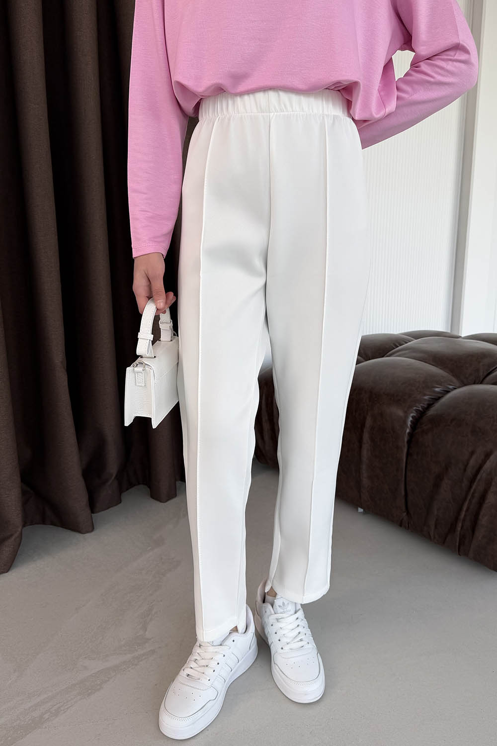 Lamelif Önü Çımalı Scuba Pantolon Beyaz