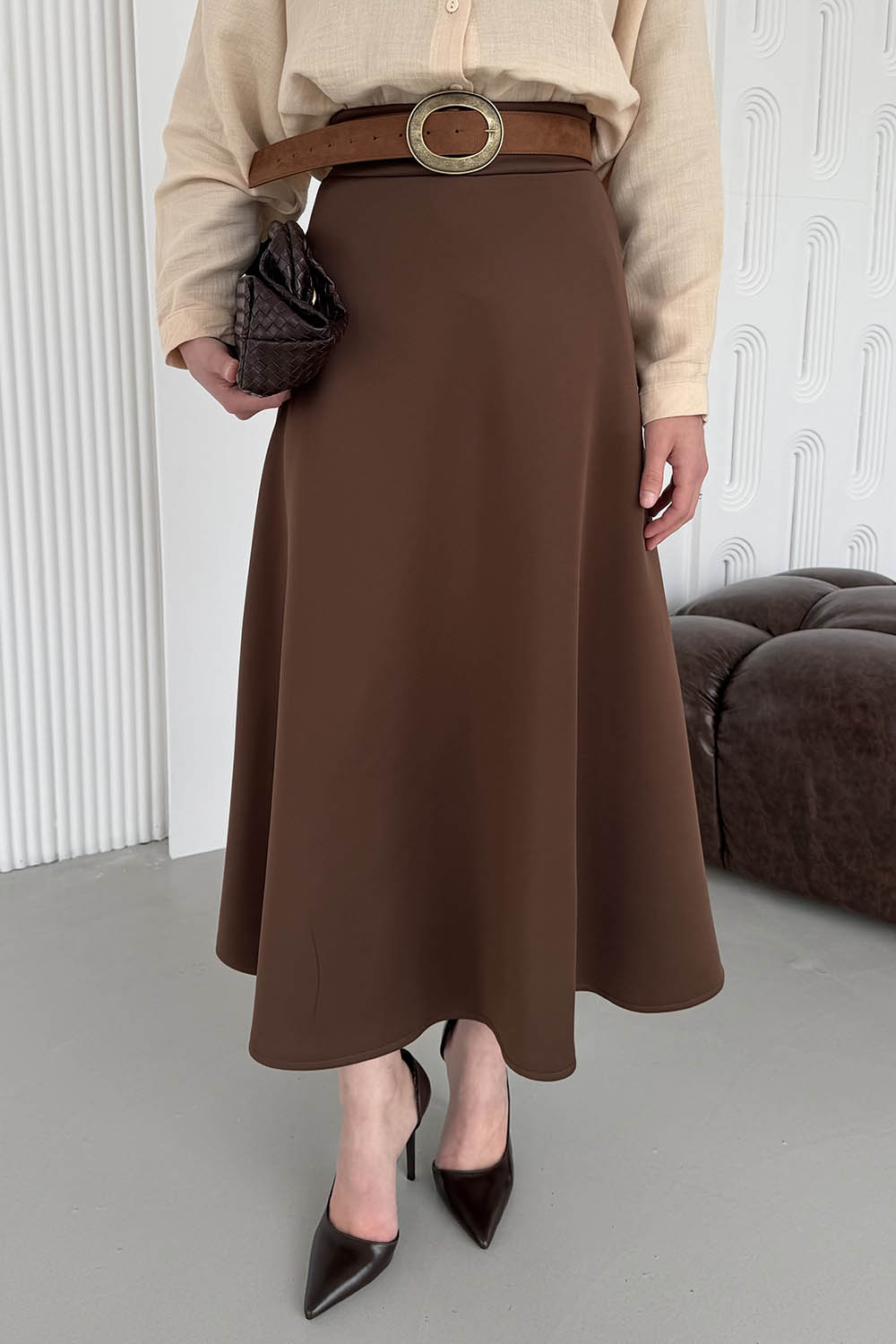 Lamelif Scuba Çan Etek Kahverengi