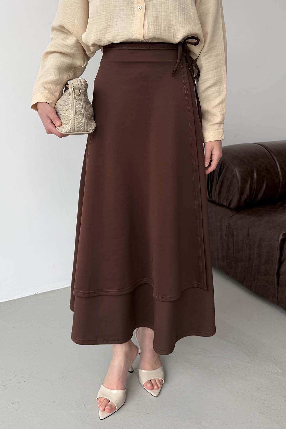 Lamelif Scuba Yandan Bağlamalı Çan Etek Acı Kahve