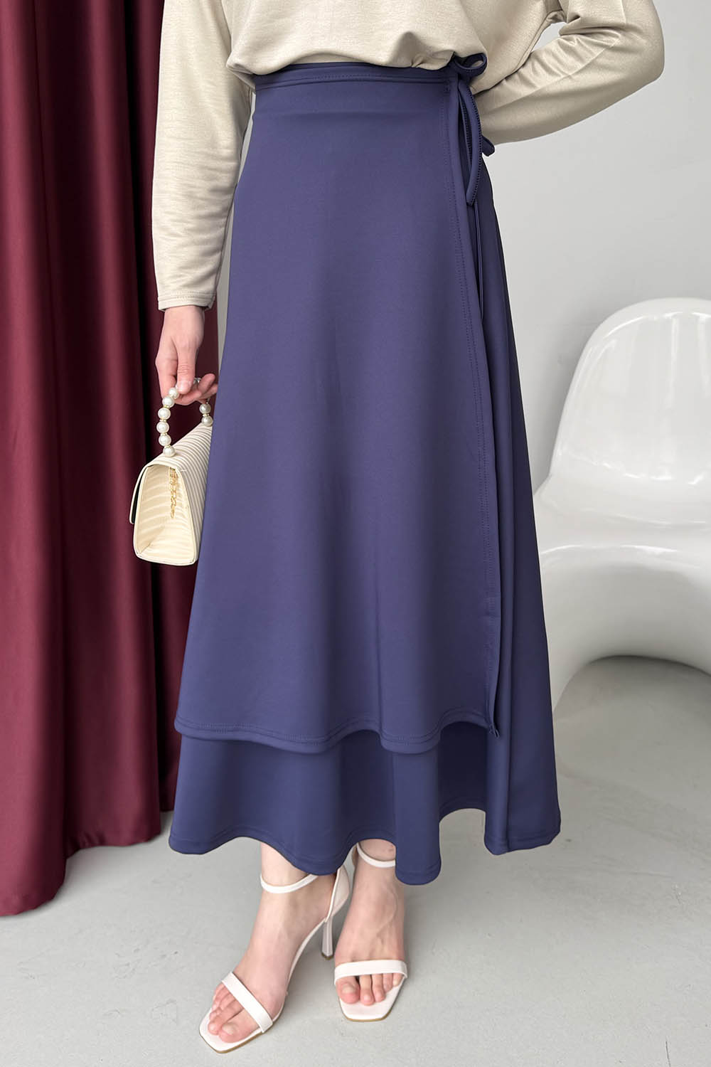 Lamelif Scuba Yandan Bağlamalı Çan Etek Lacivert