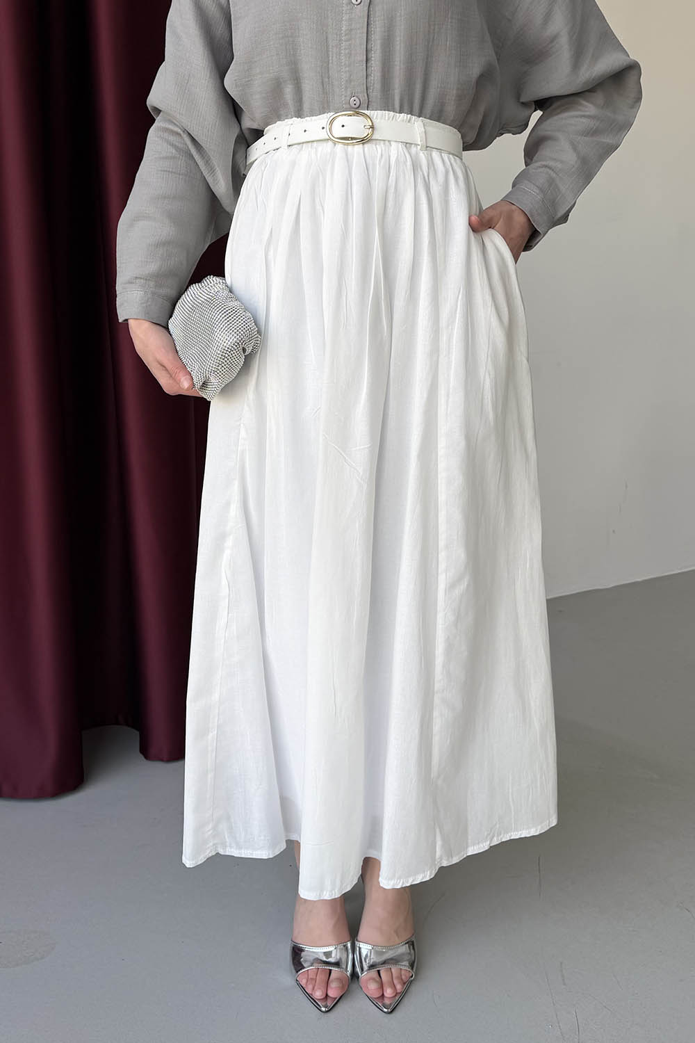 Lamelif Vual Kemerli Tesettür Etek Beyaz