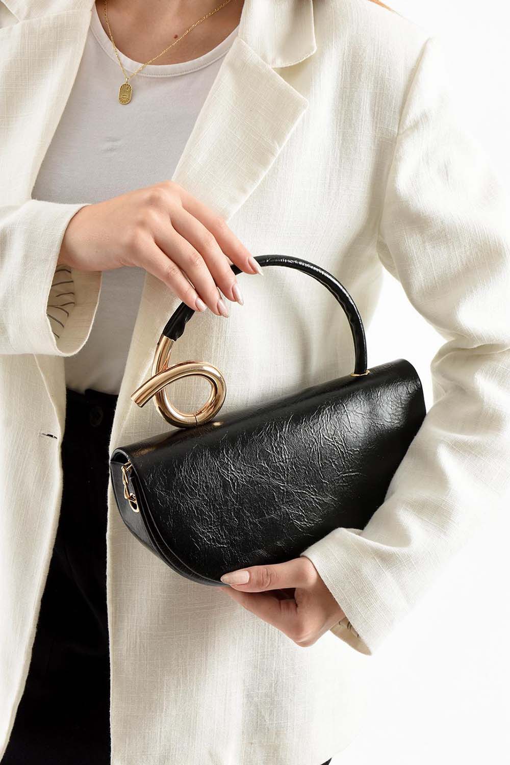 Lamelif  Aura Gold Detaylı El ve Omuz Çantası - Siyah