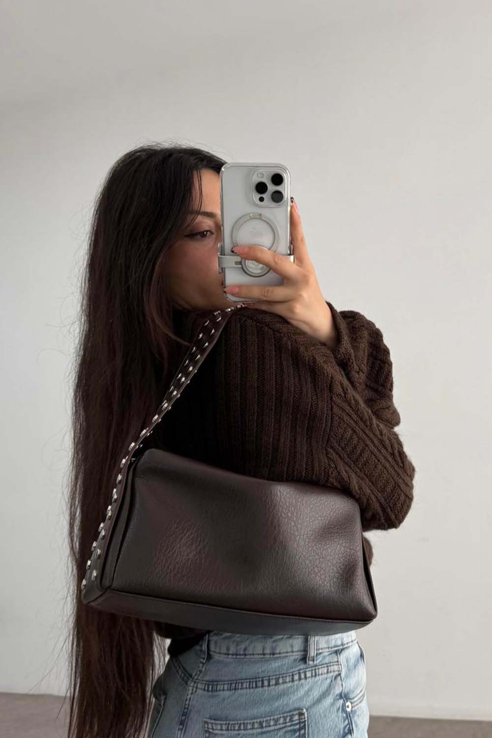 Lamelif Gümüş Nokta Detaylı Kadın Yumuşak Deri Kadın Çanta Acı Kahve