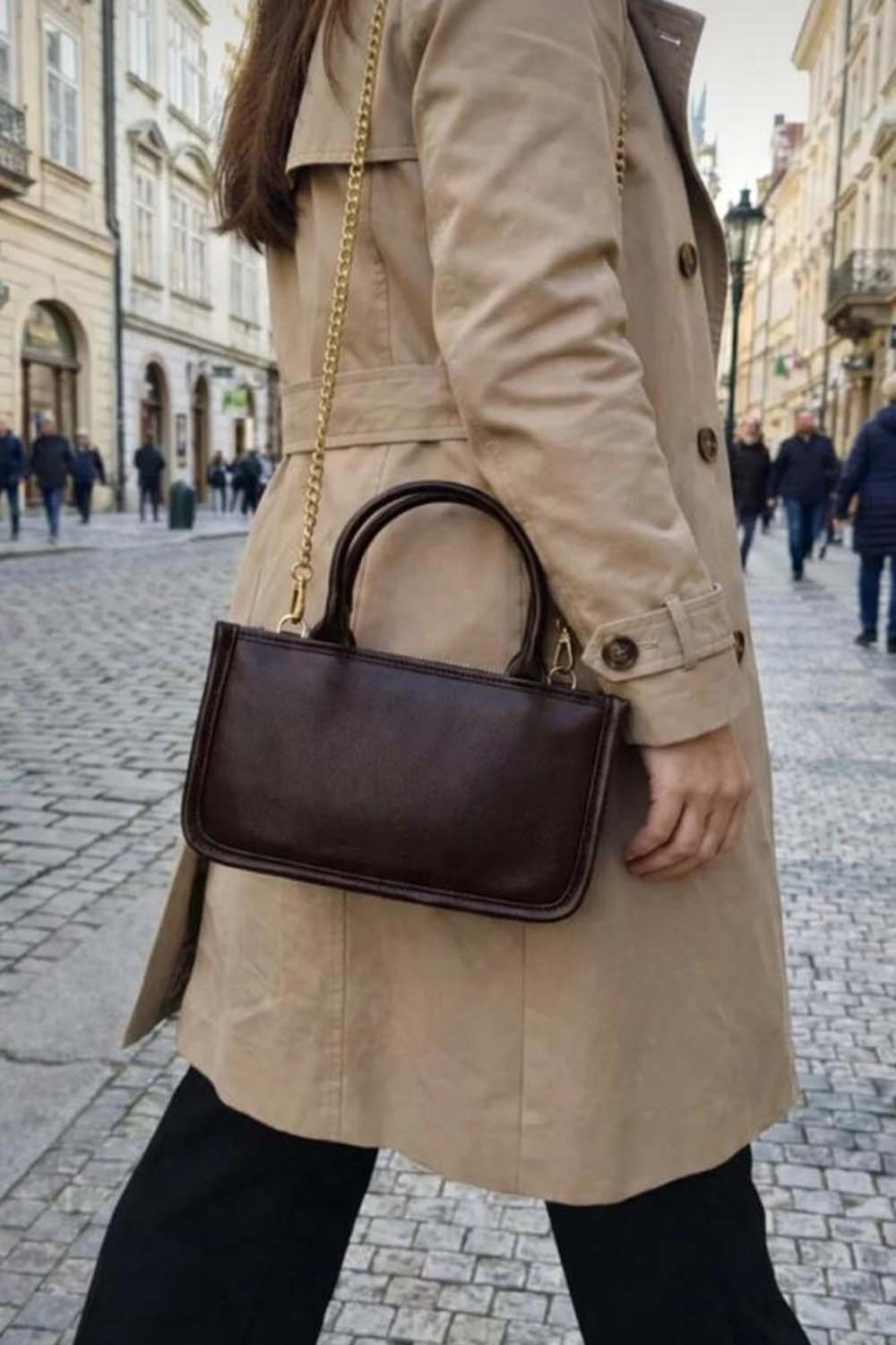 Lamelif Verona Gold Zincir Askılı Kadın Omuz Çantası Acı Kahve