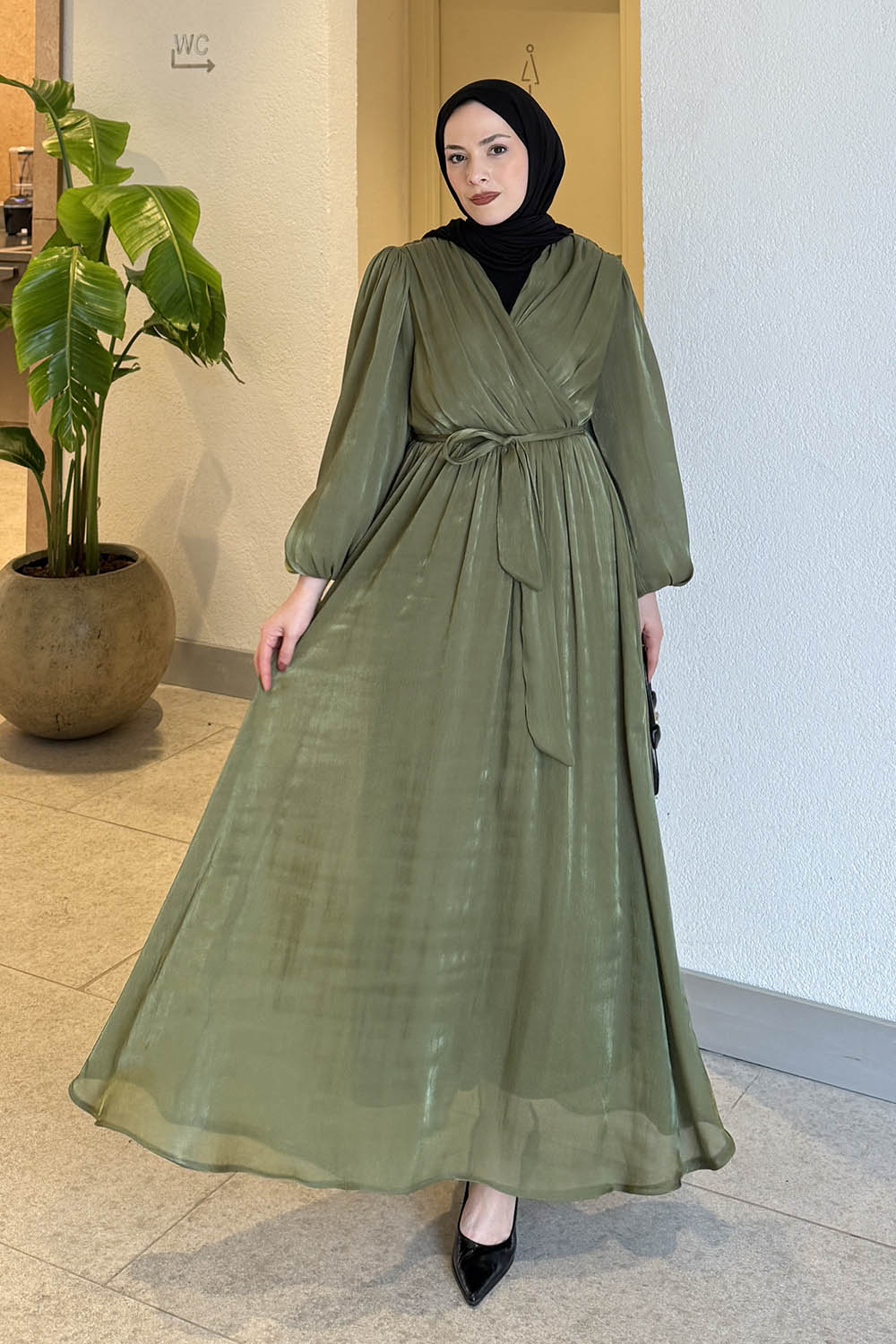 Lamelif Balon Kol Organze Elbise Haki