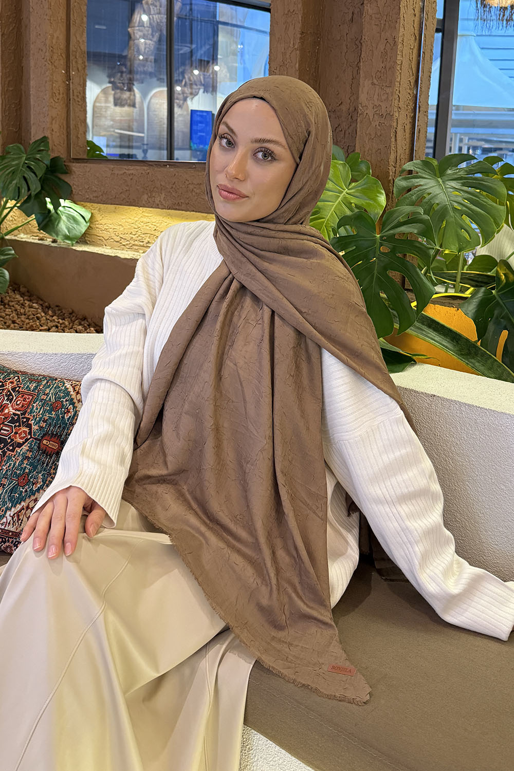 Milky Brown Bone Cotton Fabric Straight Shawl