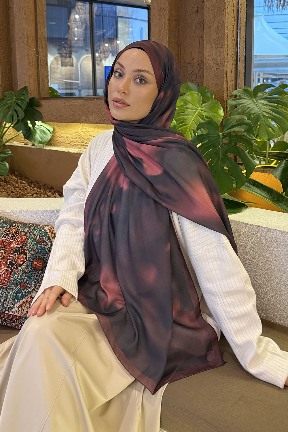 Lamelif Batik Desen Soft Şal Koyu Bordo