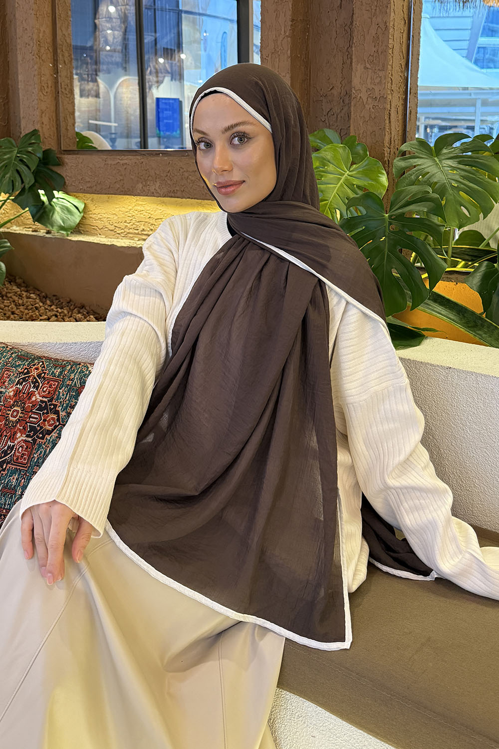 Lamelif Biyeli Müslin Şal Acı Kahve Beyaz