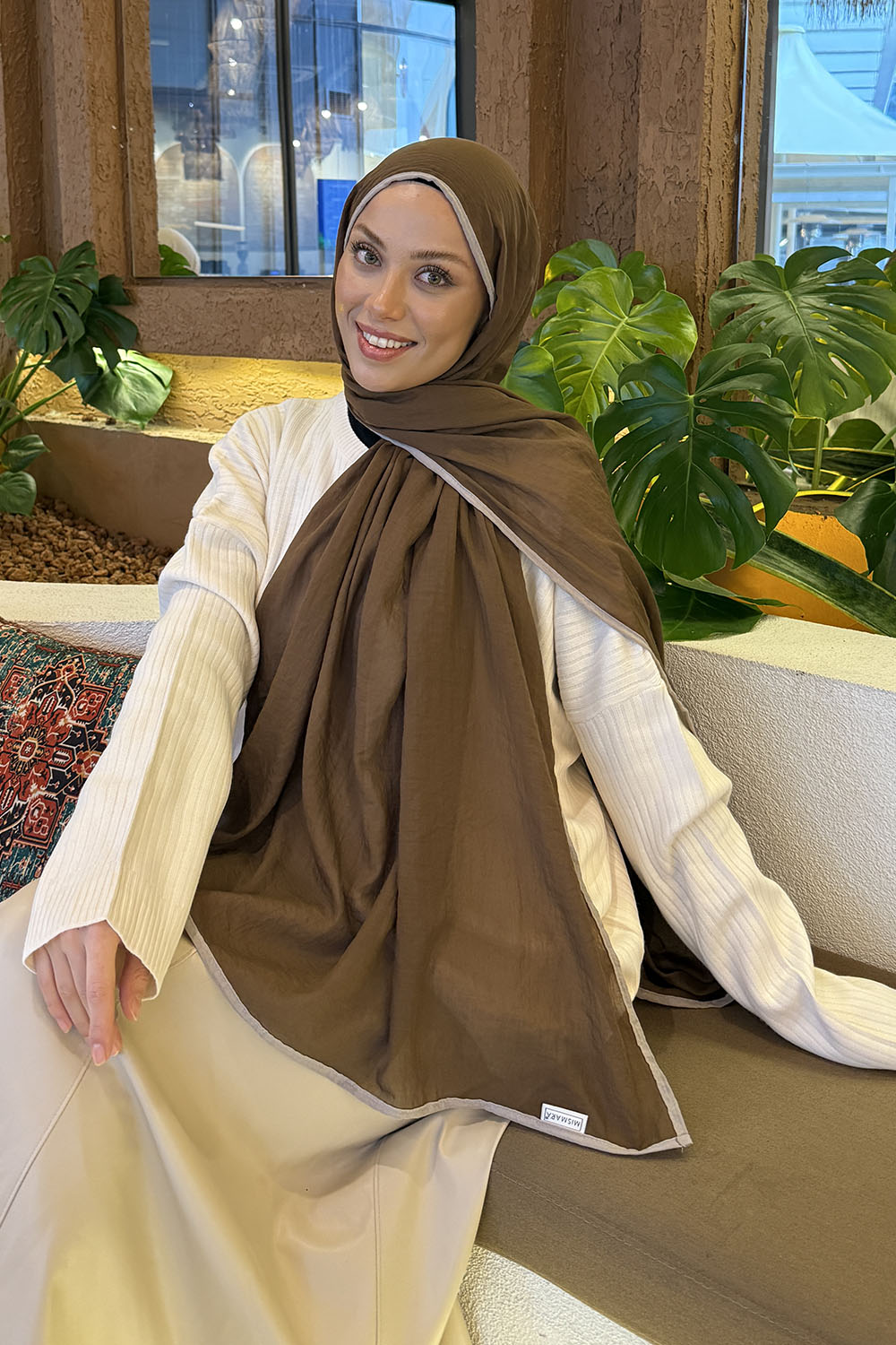 Lamelif Biyeli Müslin Şal Kahverengi Vizon