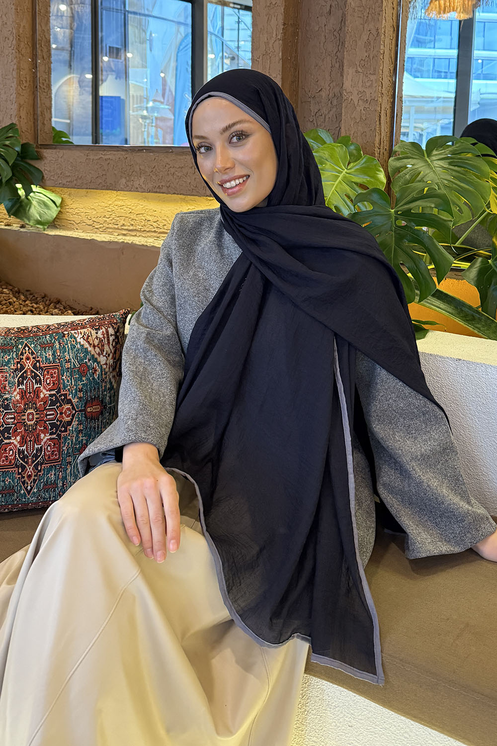 Lamelif Biyeli Müslin Şal Lacivert Gri