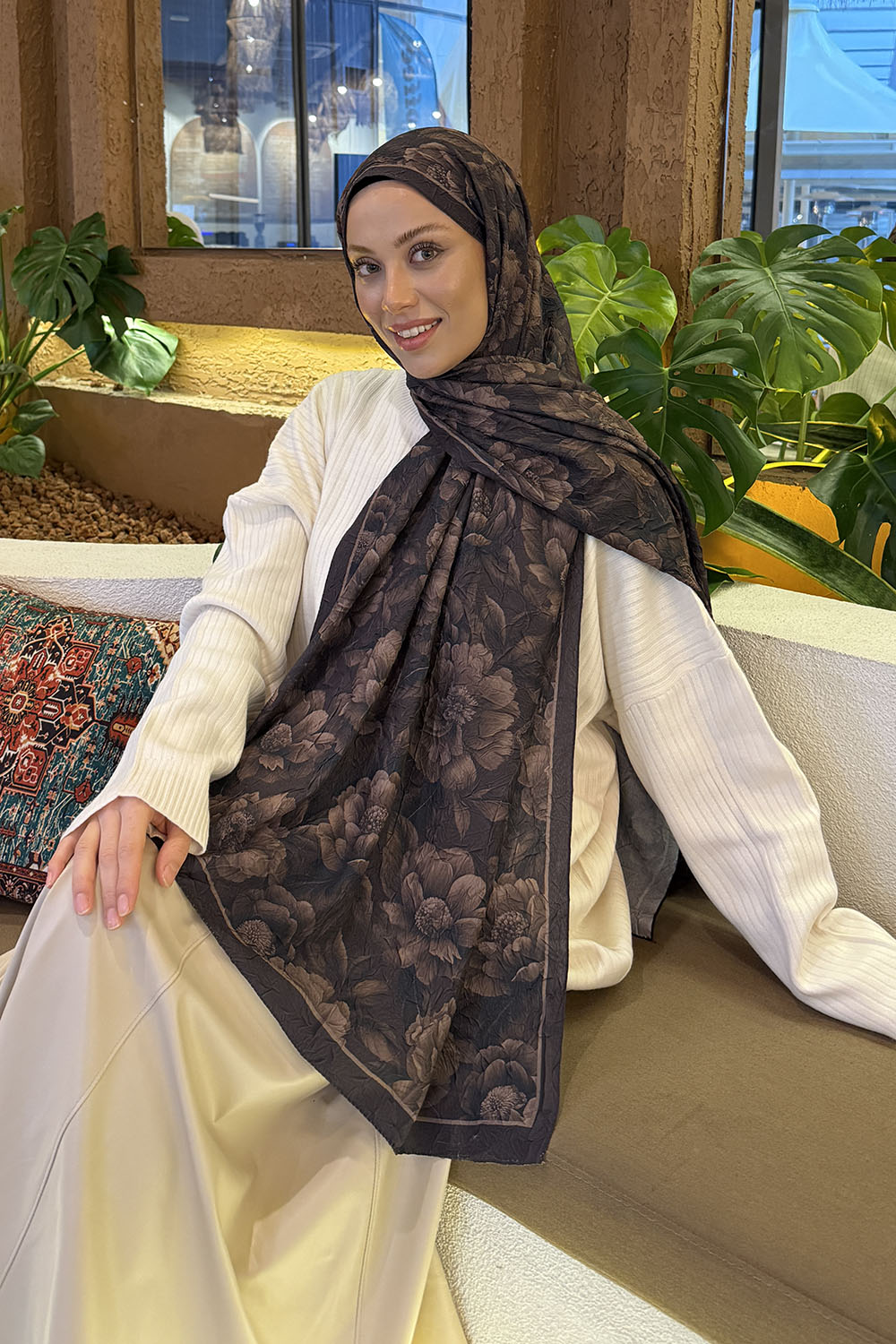 Lamelif Lotus Desen Bambu Şal Koyu Kahve