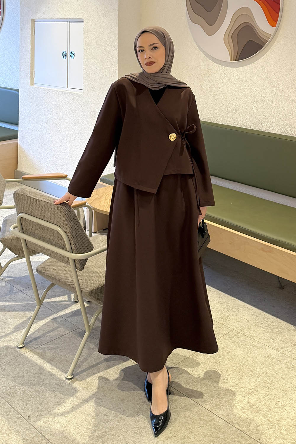 Lamelif Yan Bağlama Detaylı Etekli Takım Acı Kahve