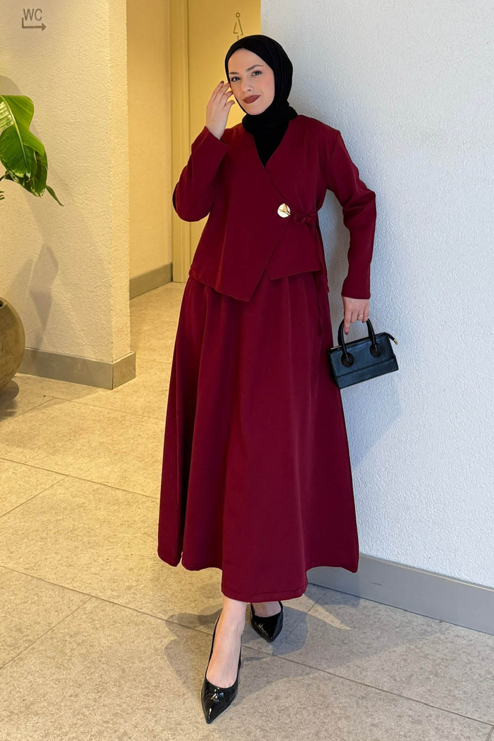 Lamelif Yan Bağlama Detaylı Etekli Takım Bordo