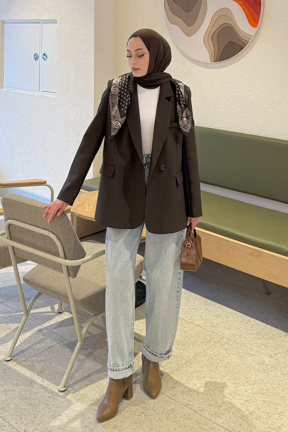 Lamelif Fular Detaylı Blazer Ceket Kahverengi