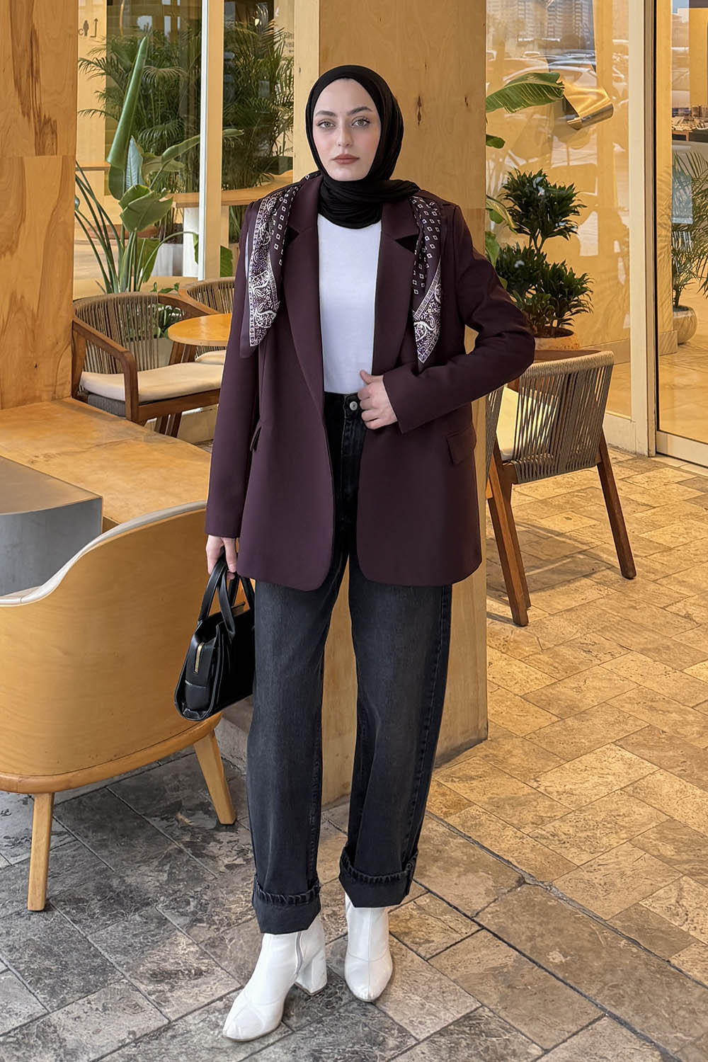 Lamelif Fular Detaylı Blazer Ceket Mürdüm