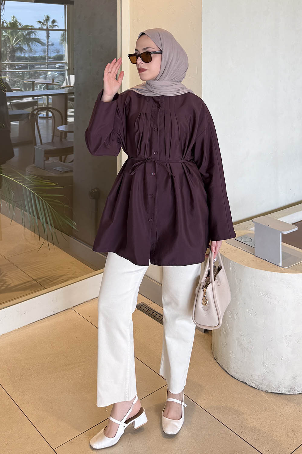 Lamelif Önü Pensli Tesettür Gömlek Mürdüm