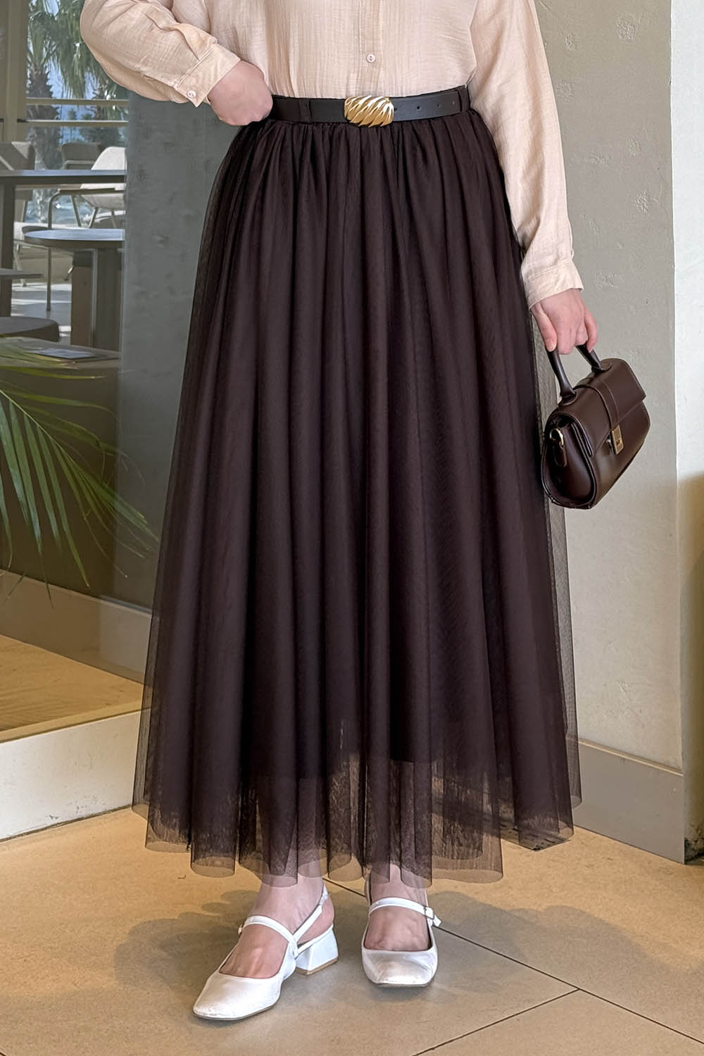 Lamelif Pileli Kemerli Tül Etek Acı Kahve