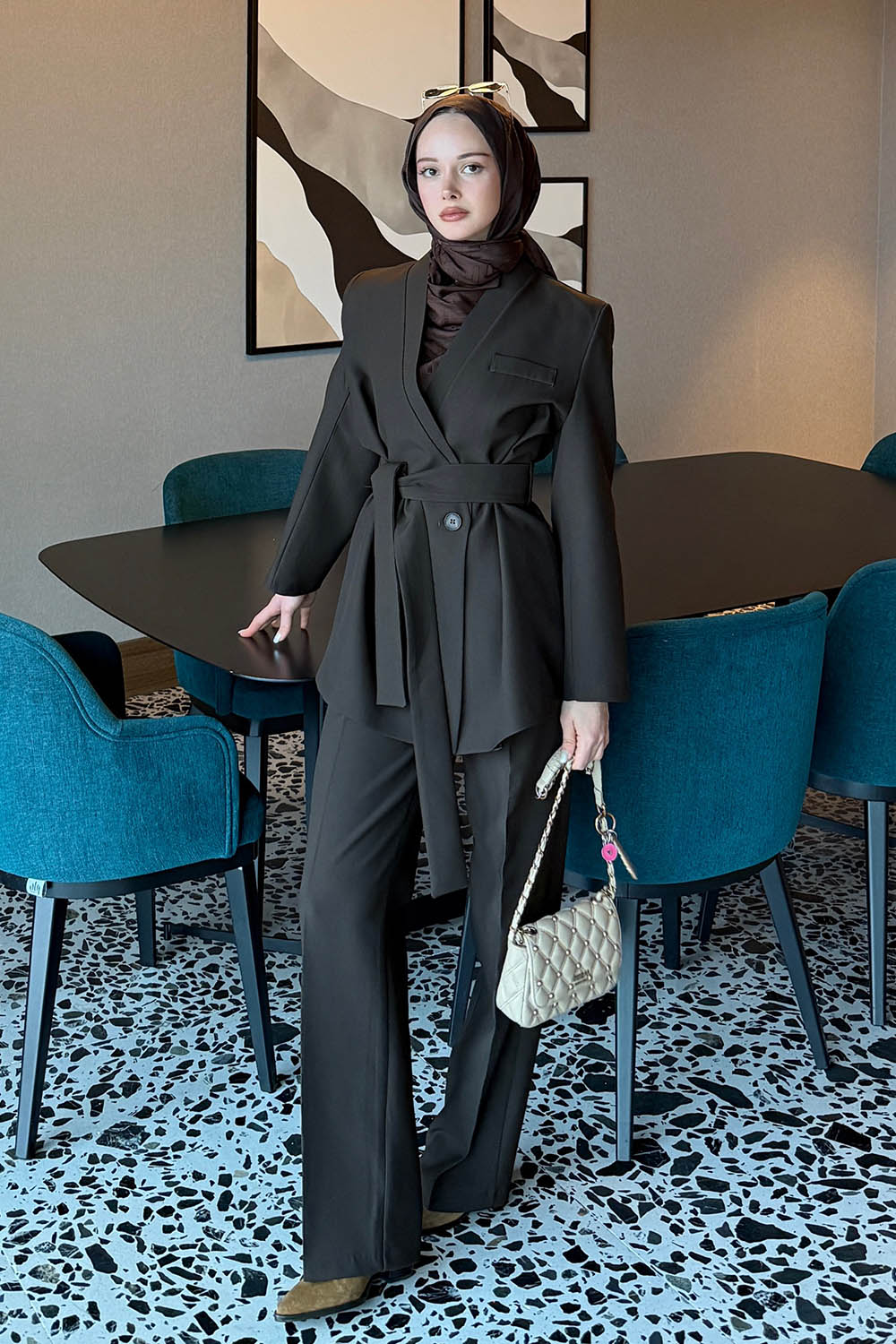 Lamelif Bağlama Detaylı Ceket-Pantolon Takım Kahverengi