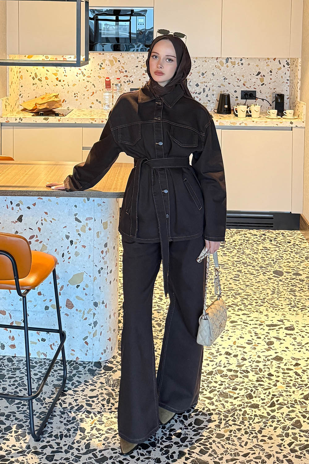 Lamelif Denim Ceket-Pantolon İkili Takım Kahverengi