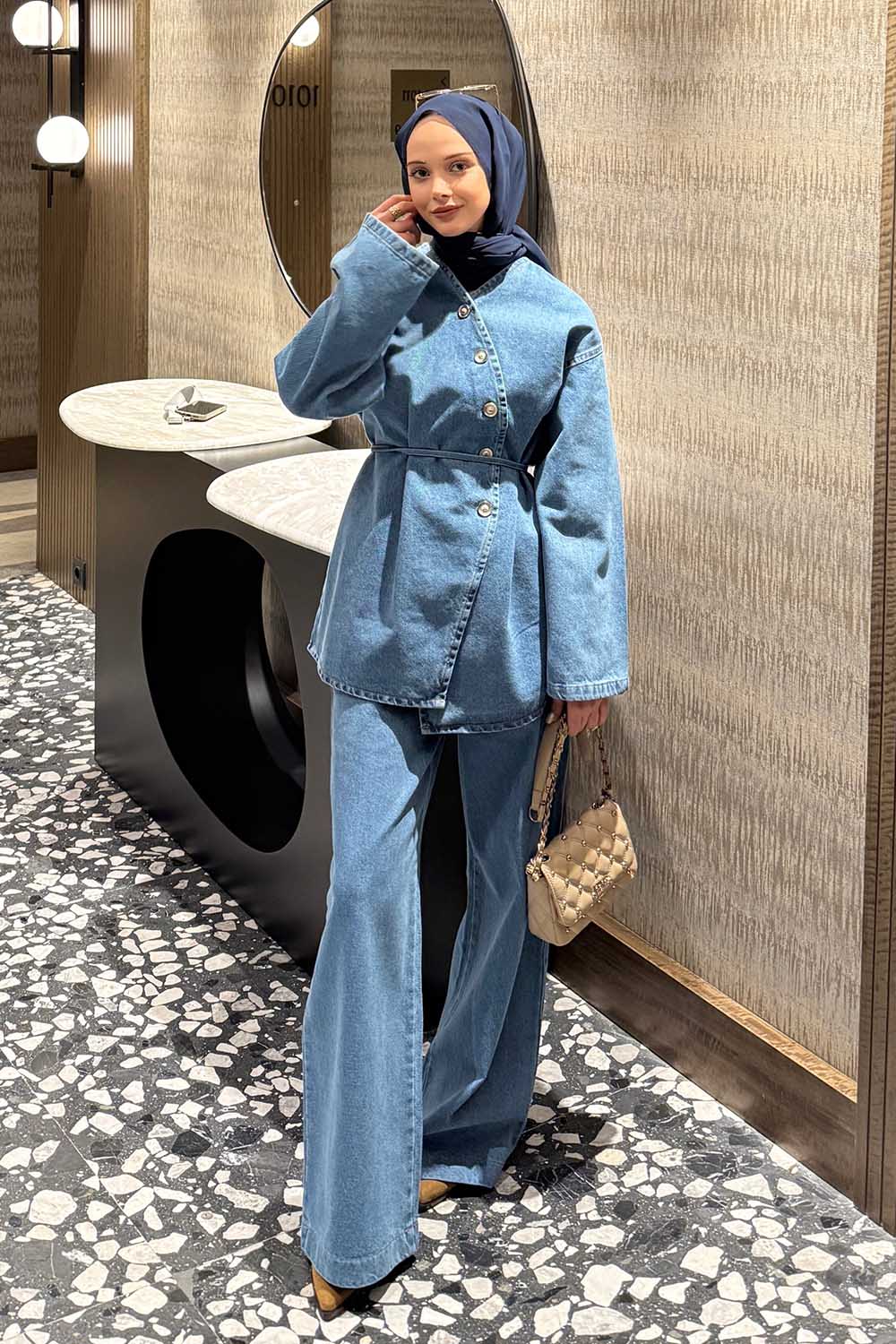 Lamelif Düğmeli Bağcıklı Kot Takım Açık Mavi