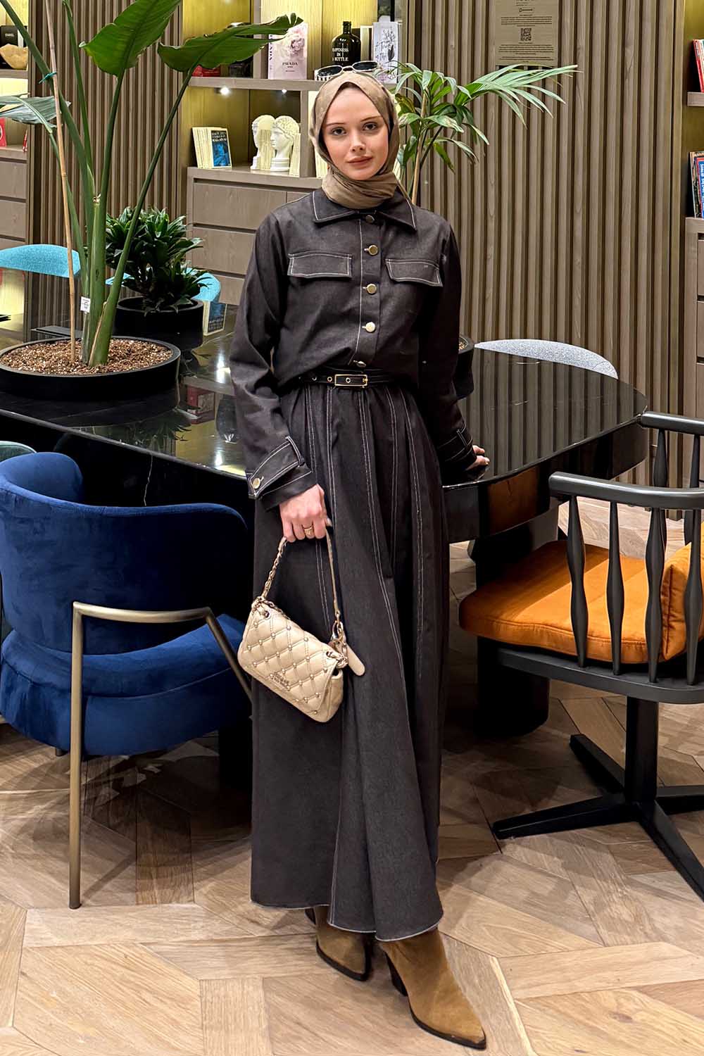 Dark Brown Crew Neck Long Arm Belted Denim Suit