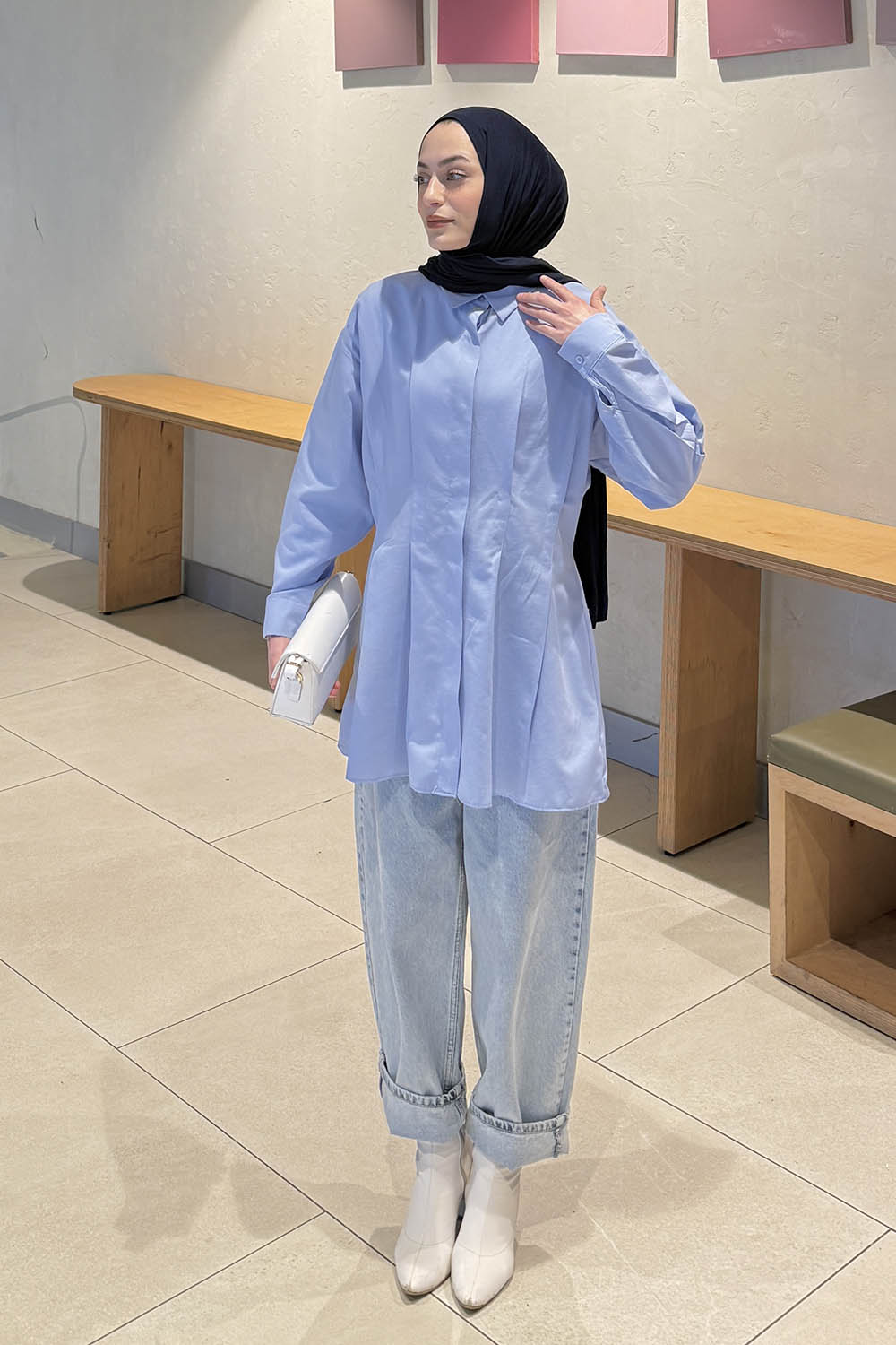 Lamelif Ön Pile Detaylı Gömlek Mavi