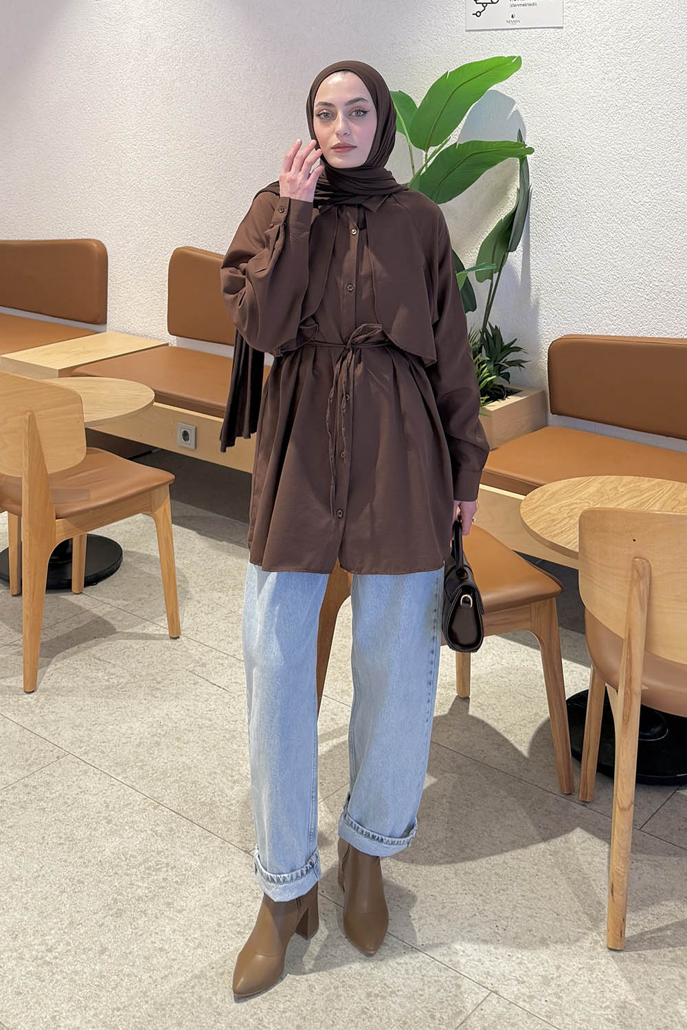 Lamelif Pelerin Detaylı Gömlek Acı Kahve