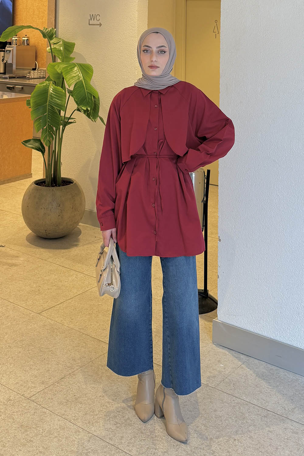 Lamelif Pelerin Detaylı Gömlek Bordo