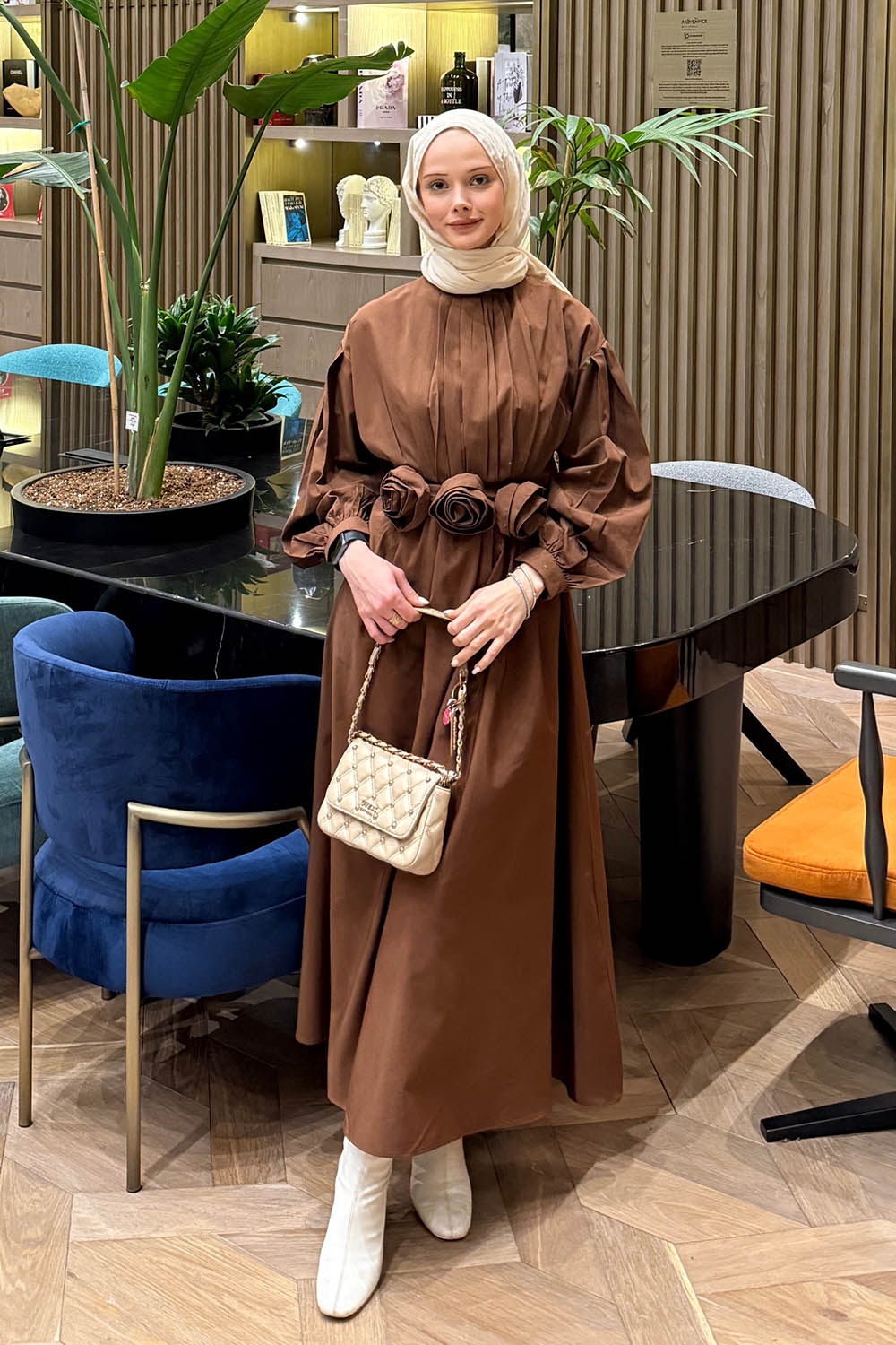 Lamelif Pileli Poplin Elbise Acı Kahve