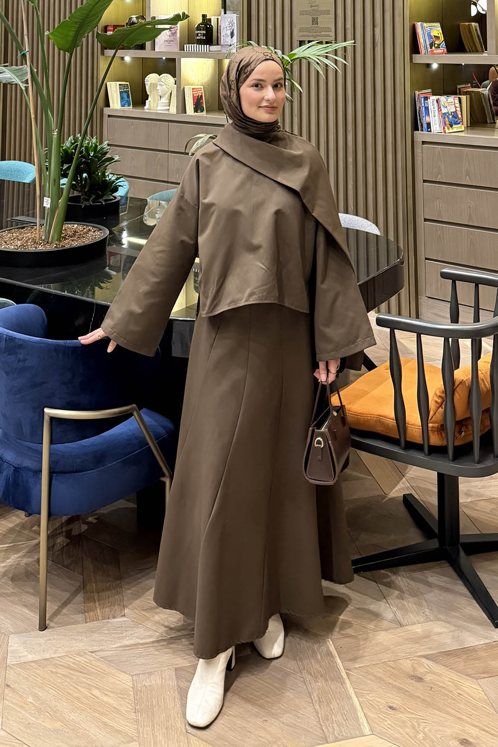 Lamelif Fular Yaka Etekli Takım Acı Kahve