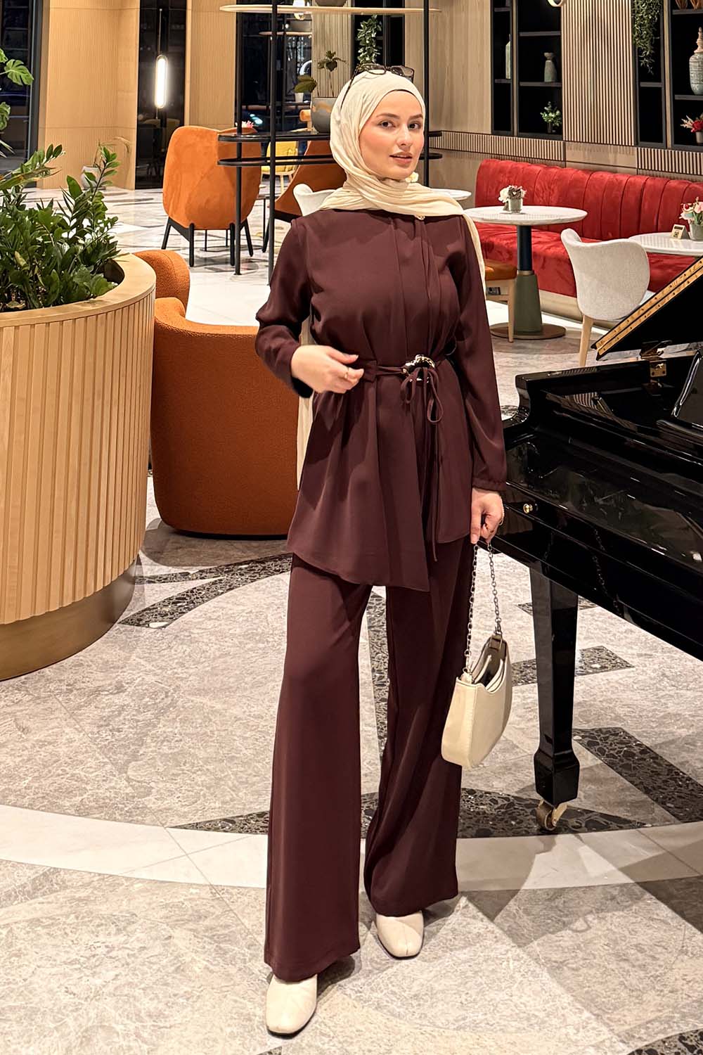 Lamelif Gold Toka Detaylı Tesettür Takım Bordo