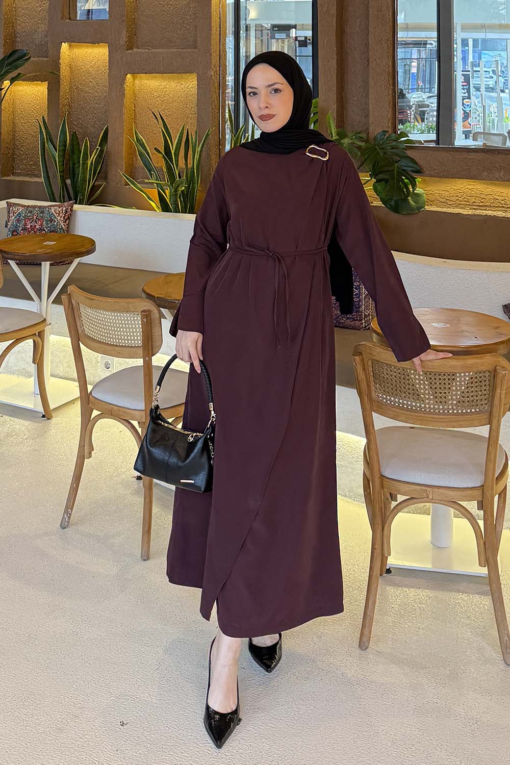 Lamelif Broş Detaylı Tesettür Elbise Bordo