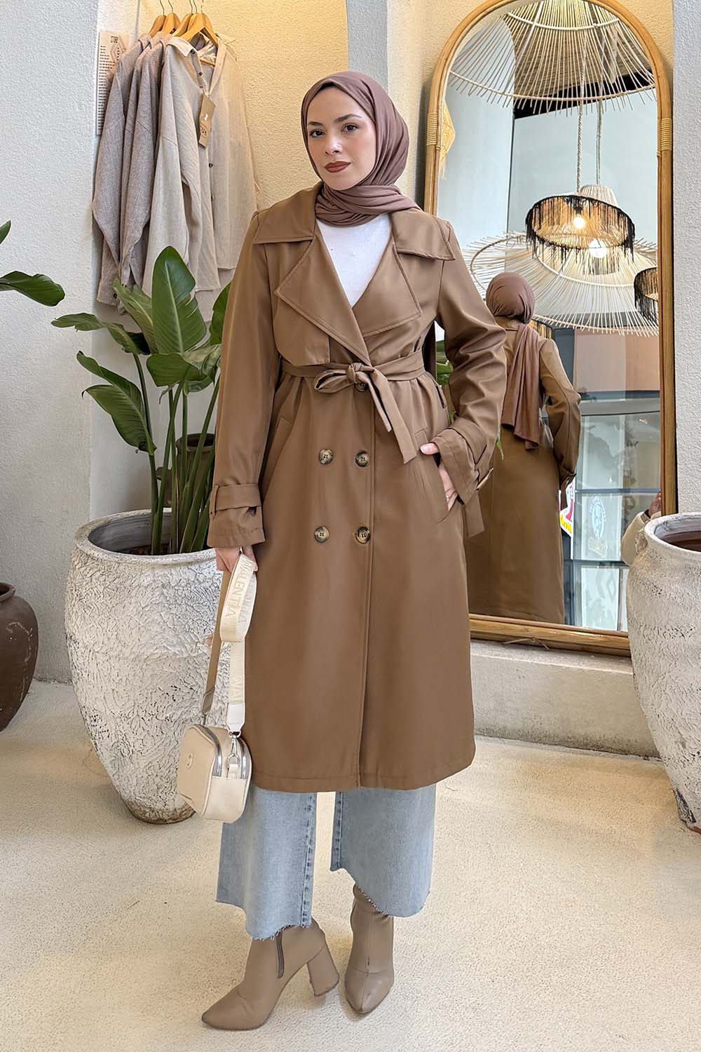 Lamelif Klasik Kuşaklı Trenç Soft Taba