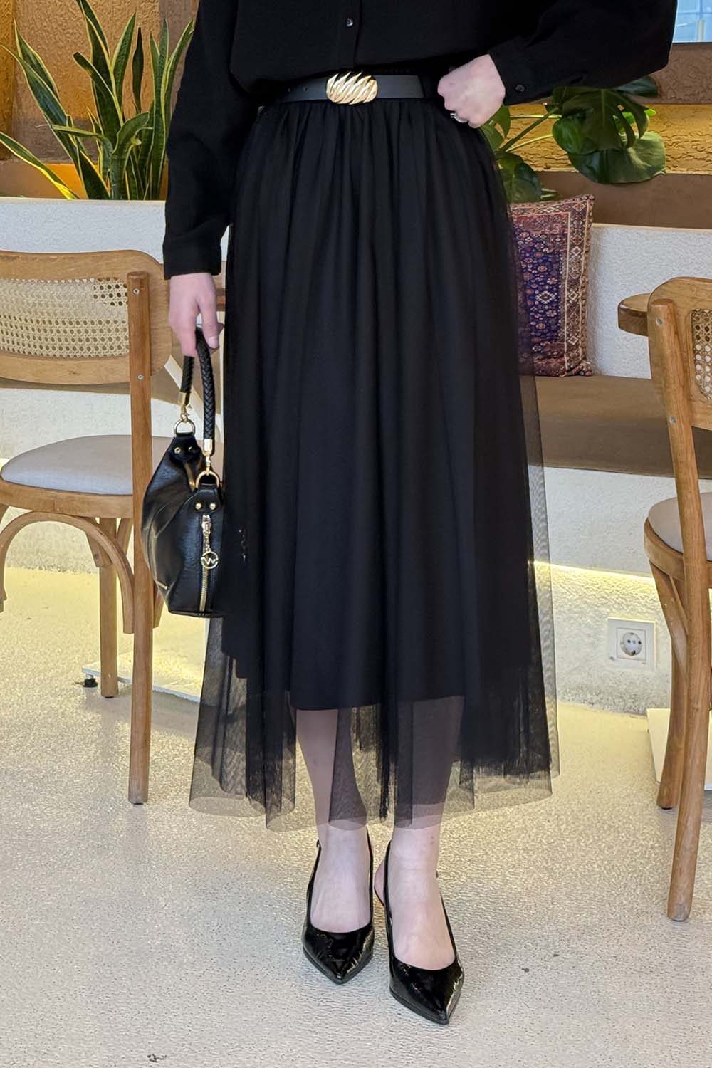 Lamelif Pileli Kemerli Tül Etek Siyah