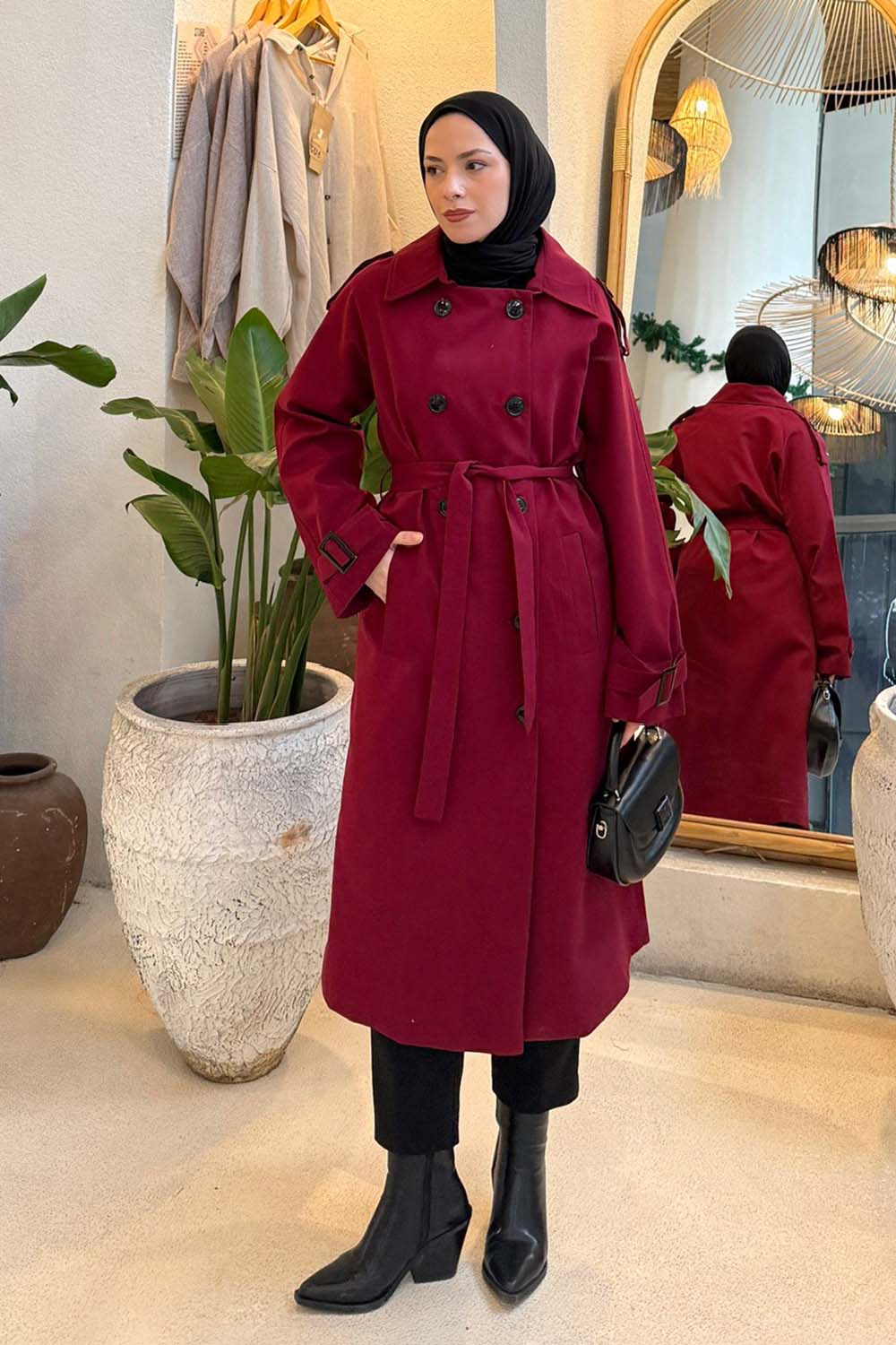 Lamelif Reglan Kol Düğmeli Trenç Bordo