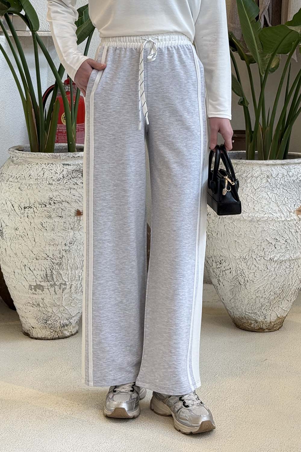 Lamelif Şeritli Geniş Paça Eşofman Gri