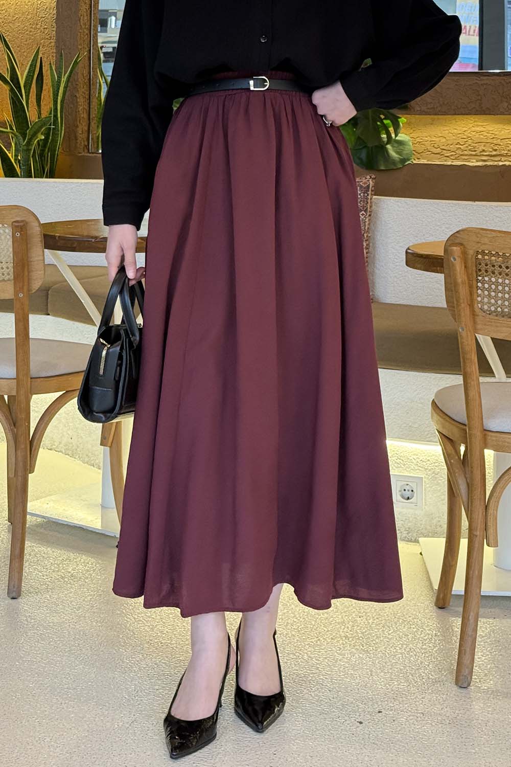 Claret Red Cotton Tensel Polyester Flare Skirt