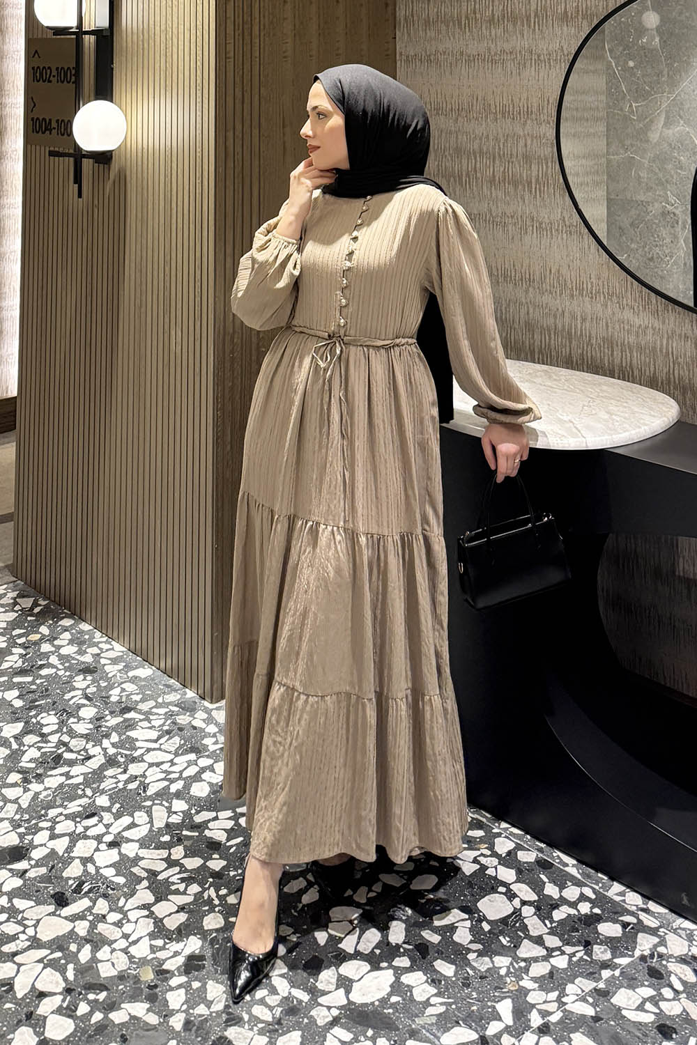 Lamelif Biritli Tesettür Elbise Bej