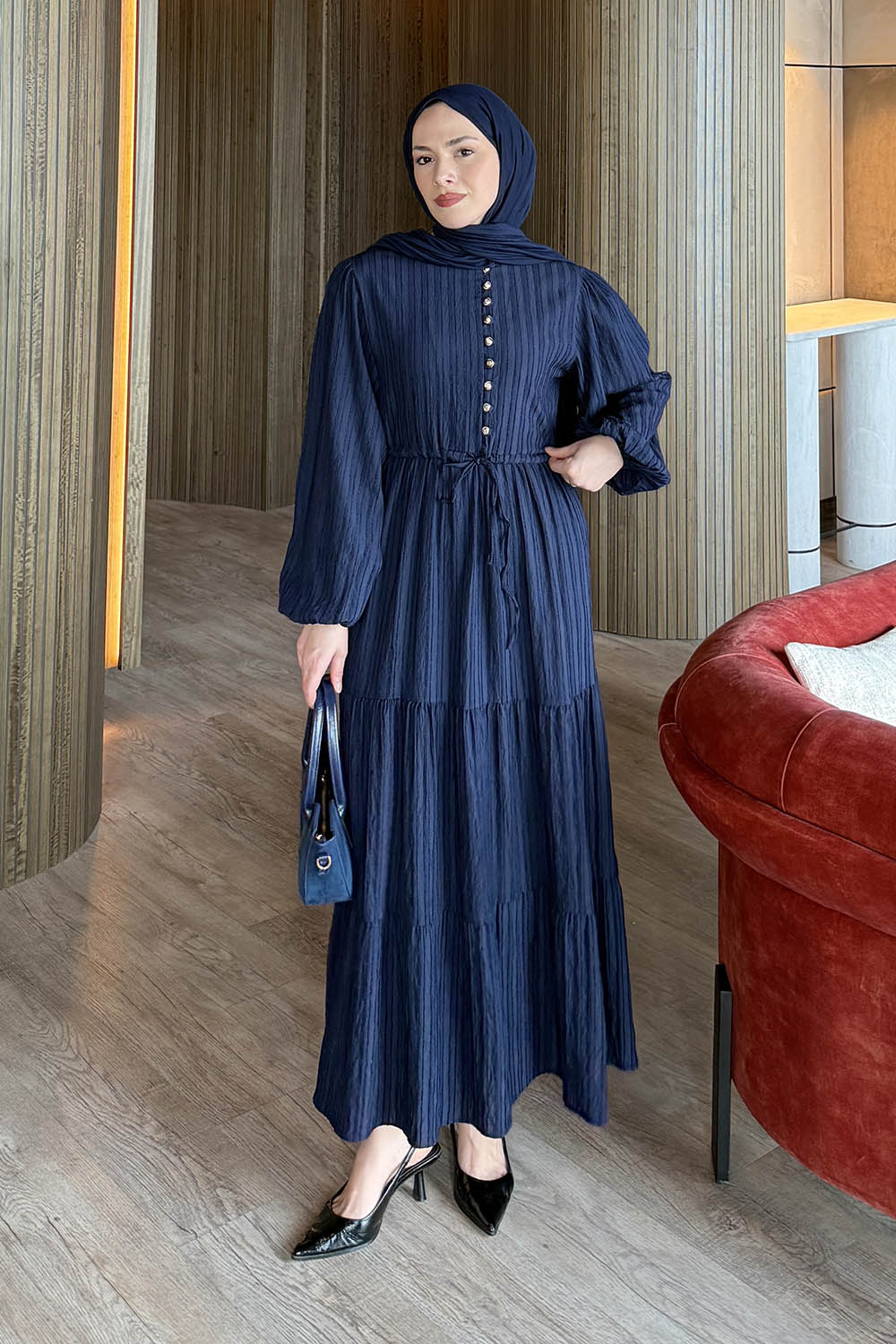 Lamelif Biritli Tesettür Elbise Lacivert