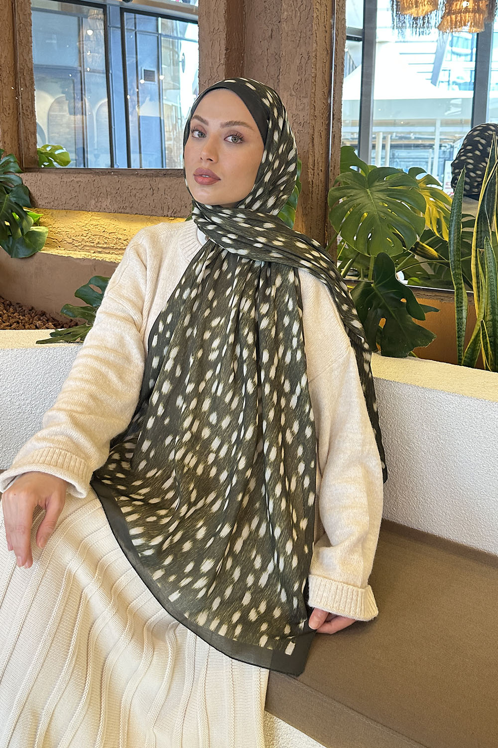 Lamelif Ceylan Desen Soft Şal Haki