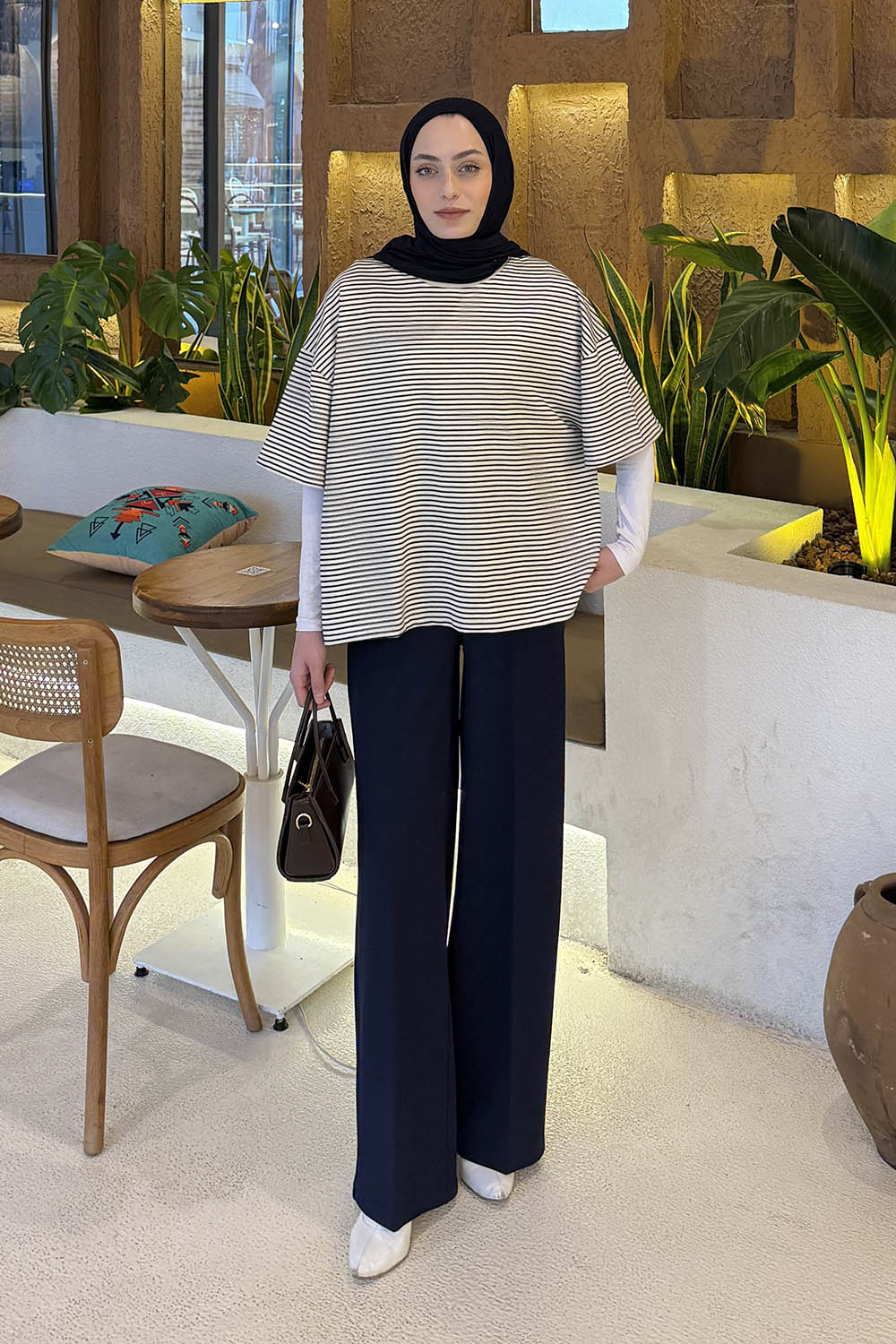 Lamelif Çizgili T-shirt Ekru