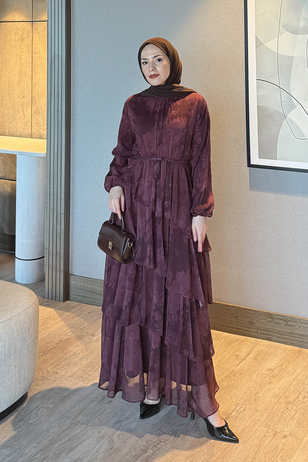 Plum Mandarin Collar Printed Dresess