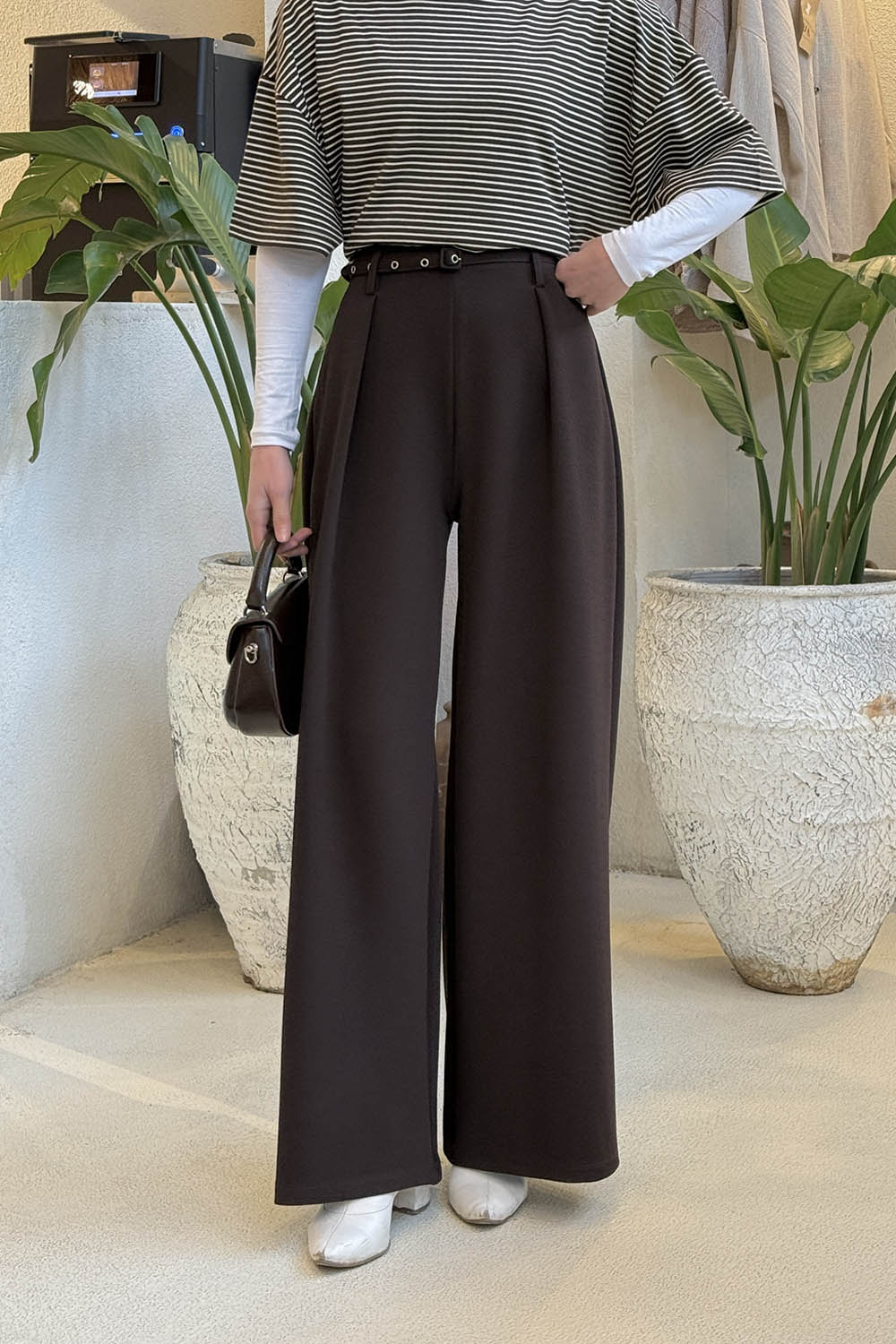 Lamelif Dökümlü Palazzo Pantolon Acı Kahve