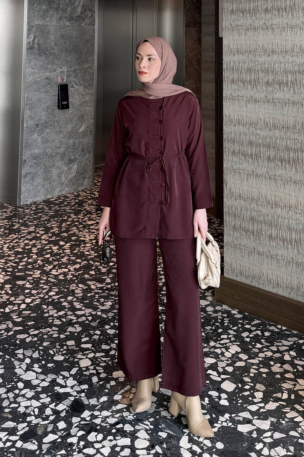 Lamelif Düğme Detaylı Bohem İkili Takım Bordo