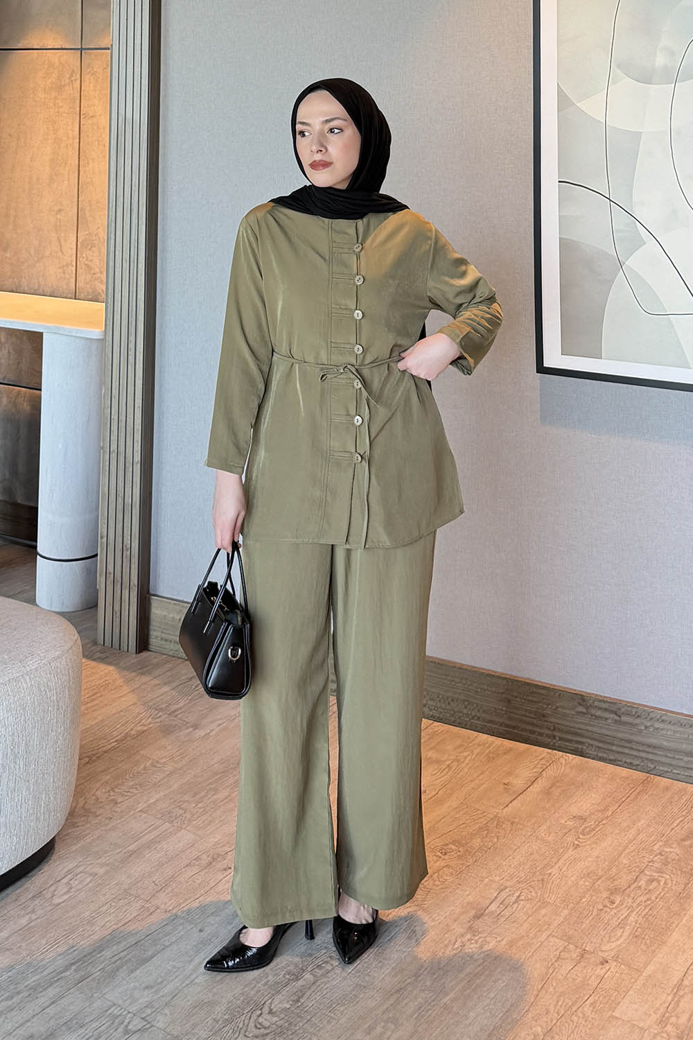 Lamelif Düğme Detaylı Bohem İkili Takım Yağ Yeşili