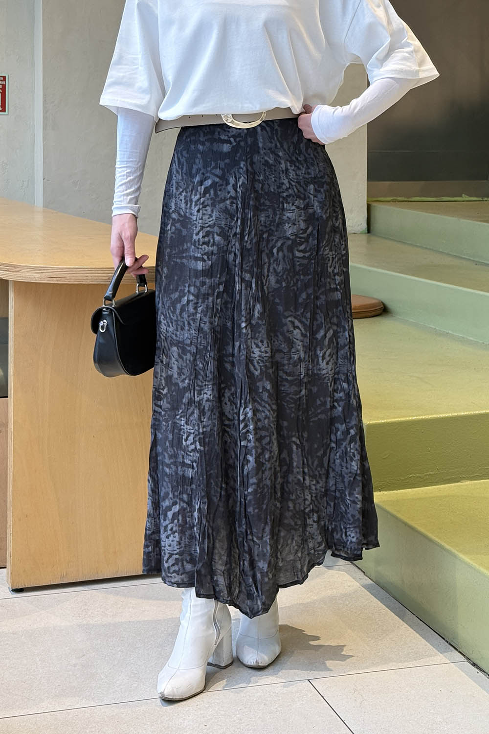 Lamelif Kemerli Desenli Etek Gri Siyah