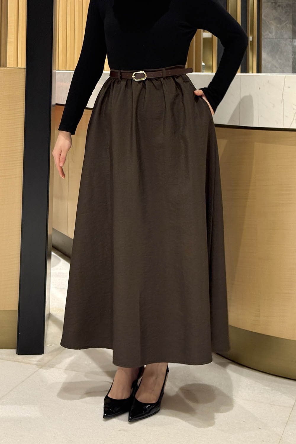 Lamelif Kemerli Kloş Etek Acı Kahve